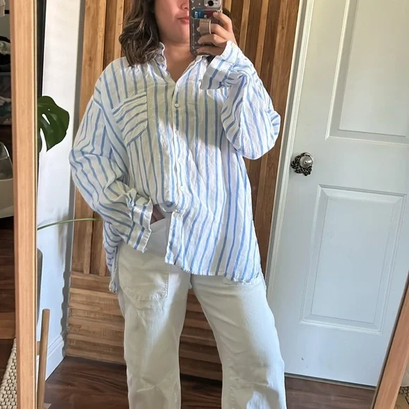 J Jill Love Linen Shirt Top Blue White Long Sleeve Striped. Size XL - Picture 11 of 12